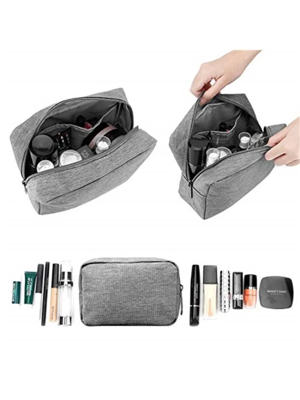 Large Canvas Makeup Bag Travel Toiletry Pouch Tech Organizer Cosmetic Case Grey